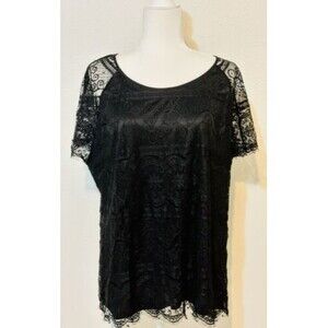 Solitaire Size 2X Black Lace Fully Lined Short Sleeve Blouse Boho Minimalist